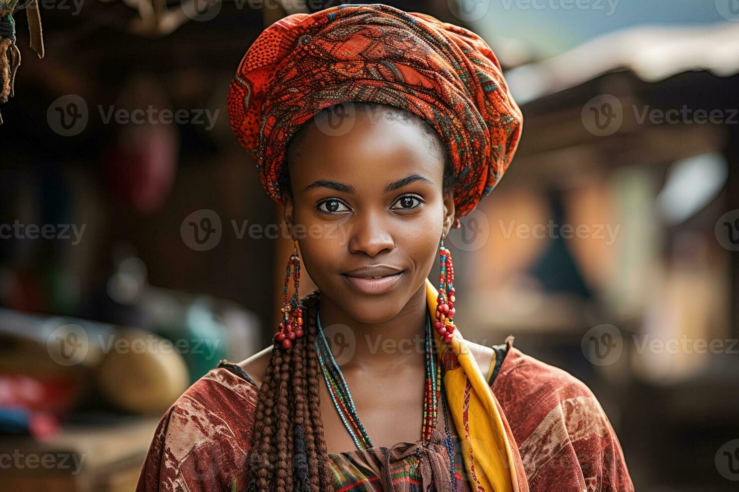 Portrait of a young charming african woman with necklaces in a traditional outfit with a headscarf on the background of the street, generative ai photo