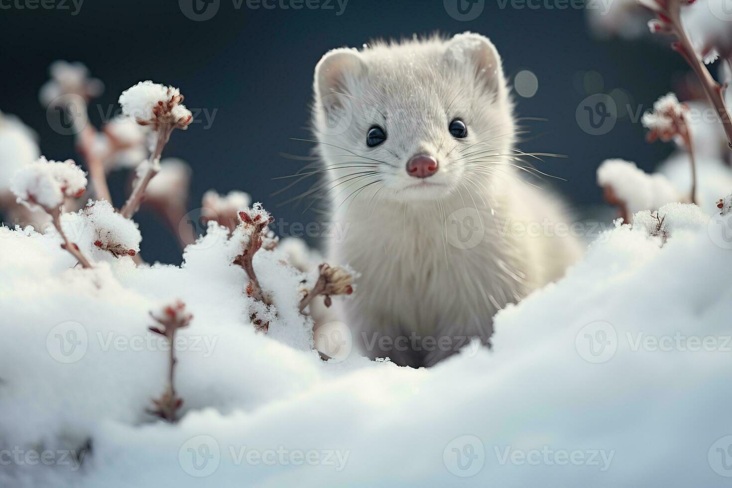 Cute tiny white winter ermine in a snow with dry plants on a blurred snowy forest background photo