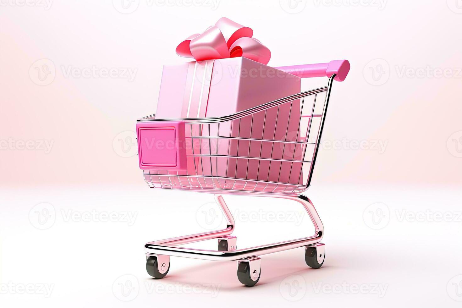 Shopping cart with a big pink gift box with ribbon photo