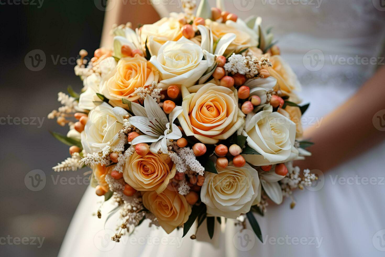 closeup of a wedding bouquet with white and orange roses in the hands of the bride photo