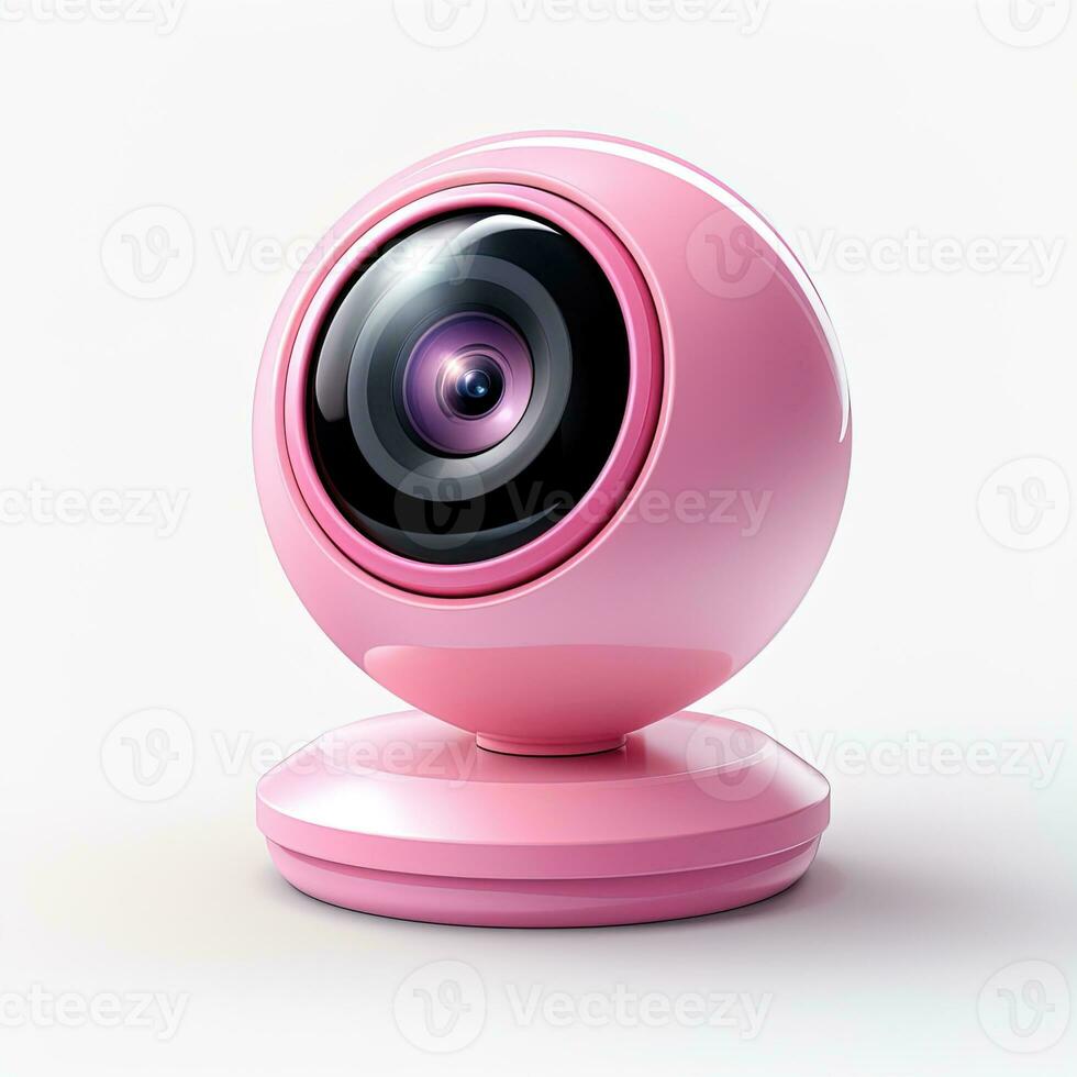 Side view of a small pink webcam with reflections on the lens on a white background photo