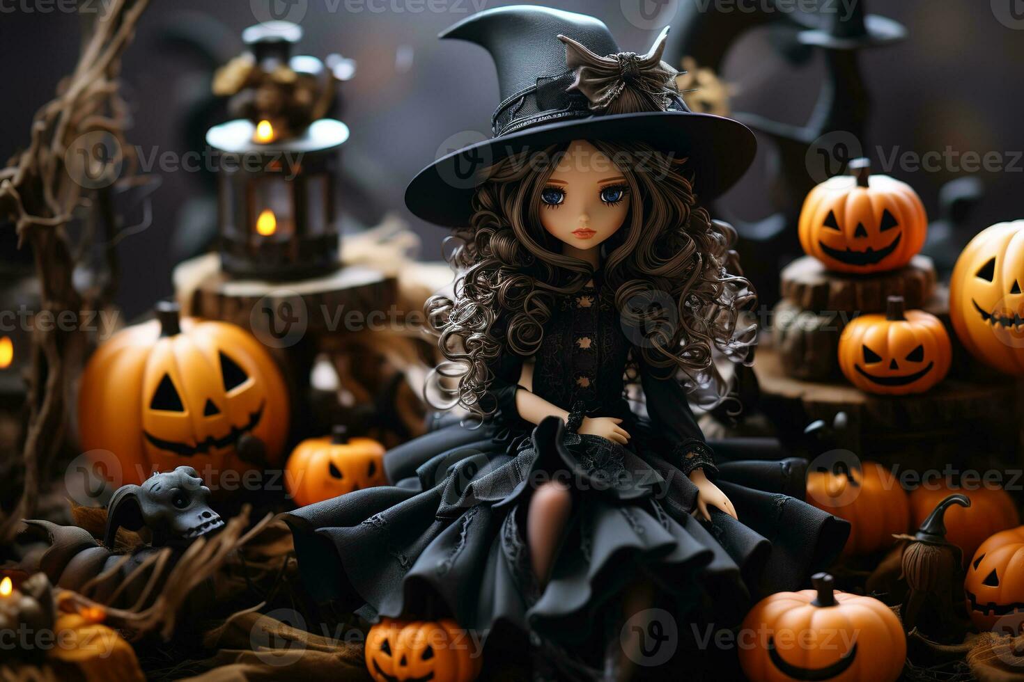 Cute witch doll among Halloween pumpkin lanterns and burning candles. Halloween holiday concept. photo