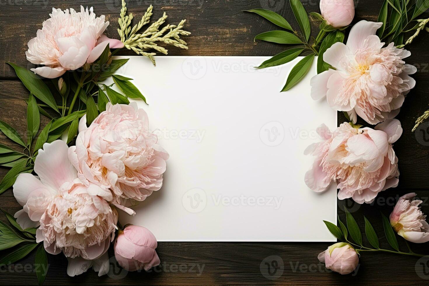 mockup white blank paper sheet with pink peonies flowers top view on wooden background, floral template empty card flat lay for design with copy space photo