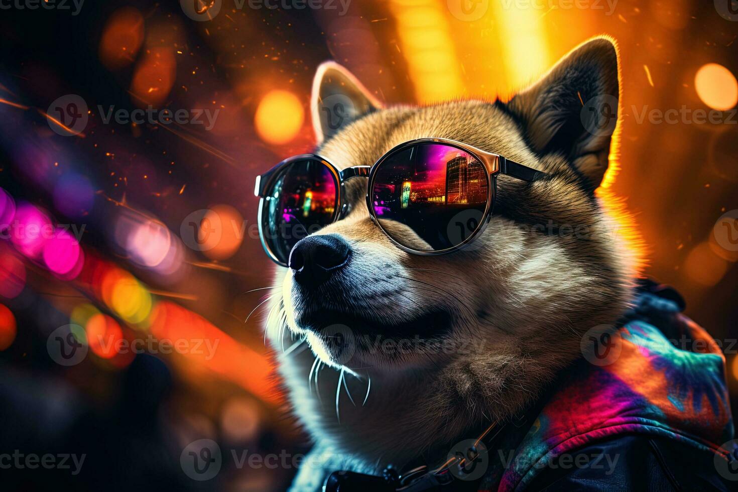 Cool and stylish Akita Inu in a colorful sweatshirt and sunglasses in a rave club under the party lights photo