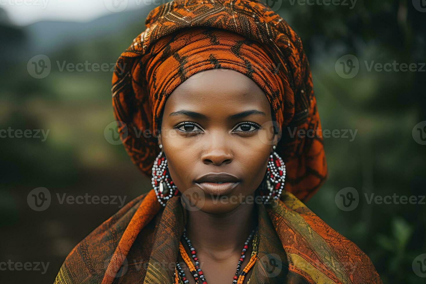 Portrait of young charming african woman in traditional costume with hair kerchief against natural forest background, generative ai photo