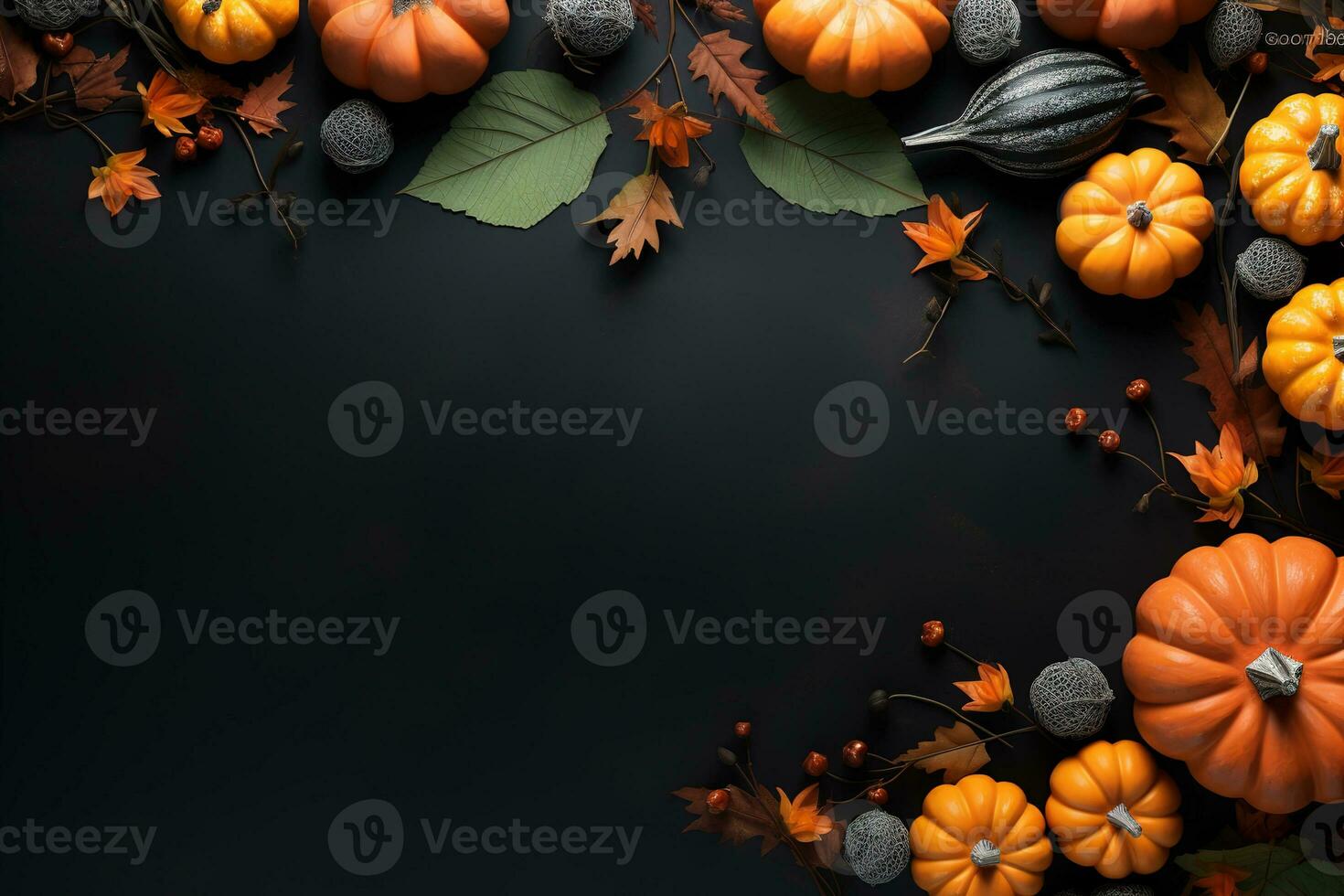 Flat lay view of orange pumpkins and autumn leaves on black copy space background for Halloween or Thanksgiving photo