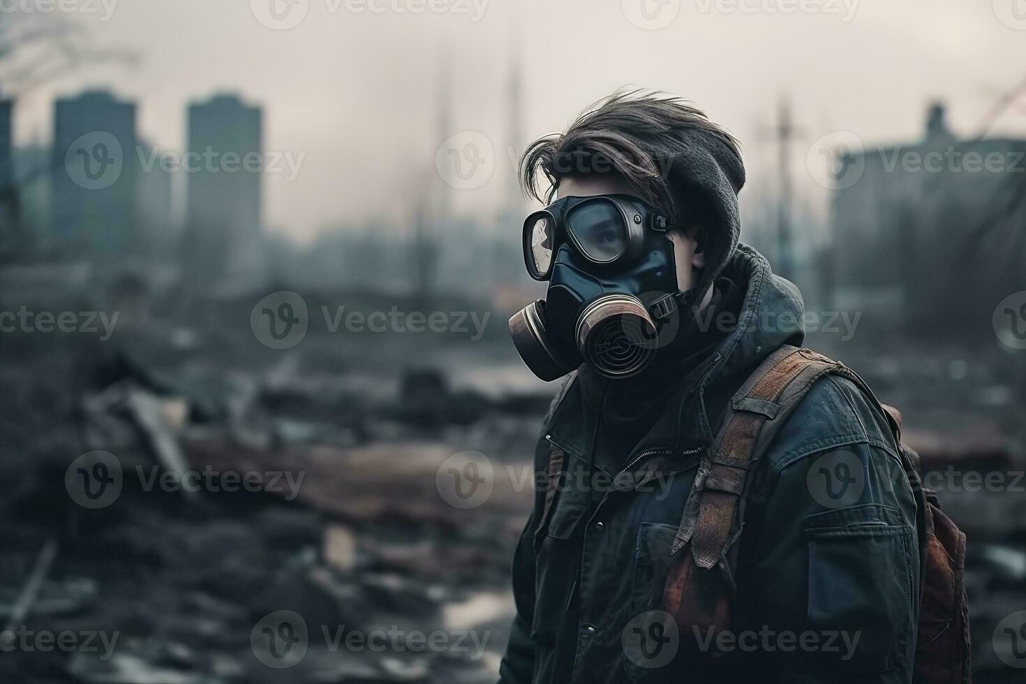 A survivor in a gas mask against the backdrop of a city destroyed after the apocalypse, generative ai photo