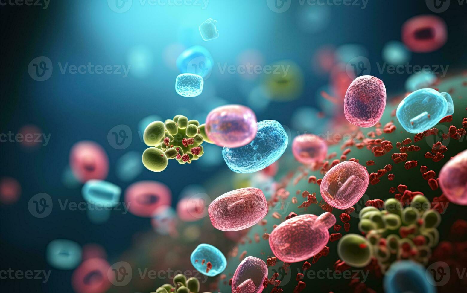 Medical sci-fi illustration with various cells and microorganisms on a blurred background photo