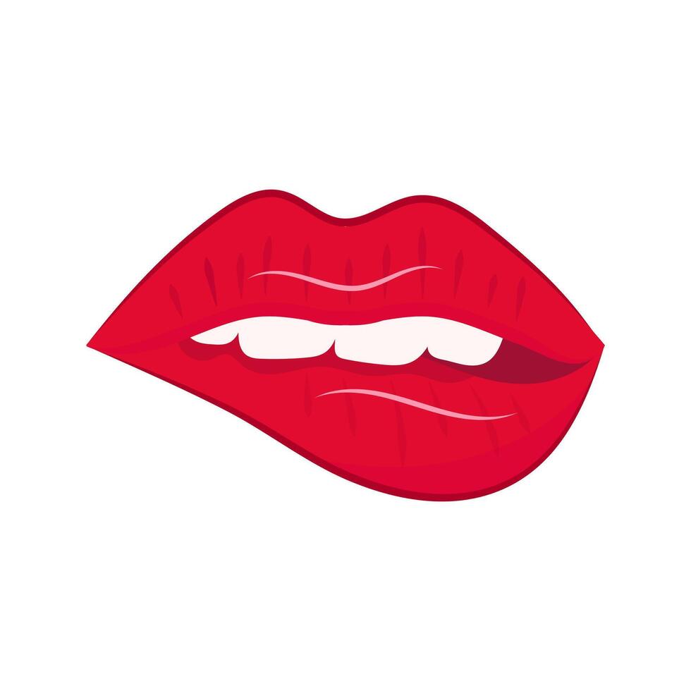 Lips. The girl bites her red lips with white teeth. vector
