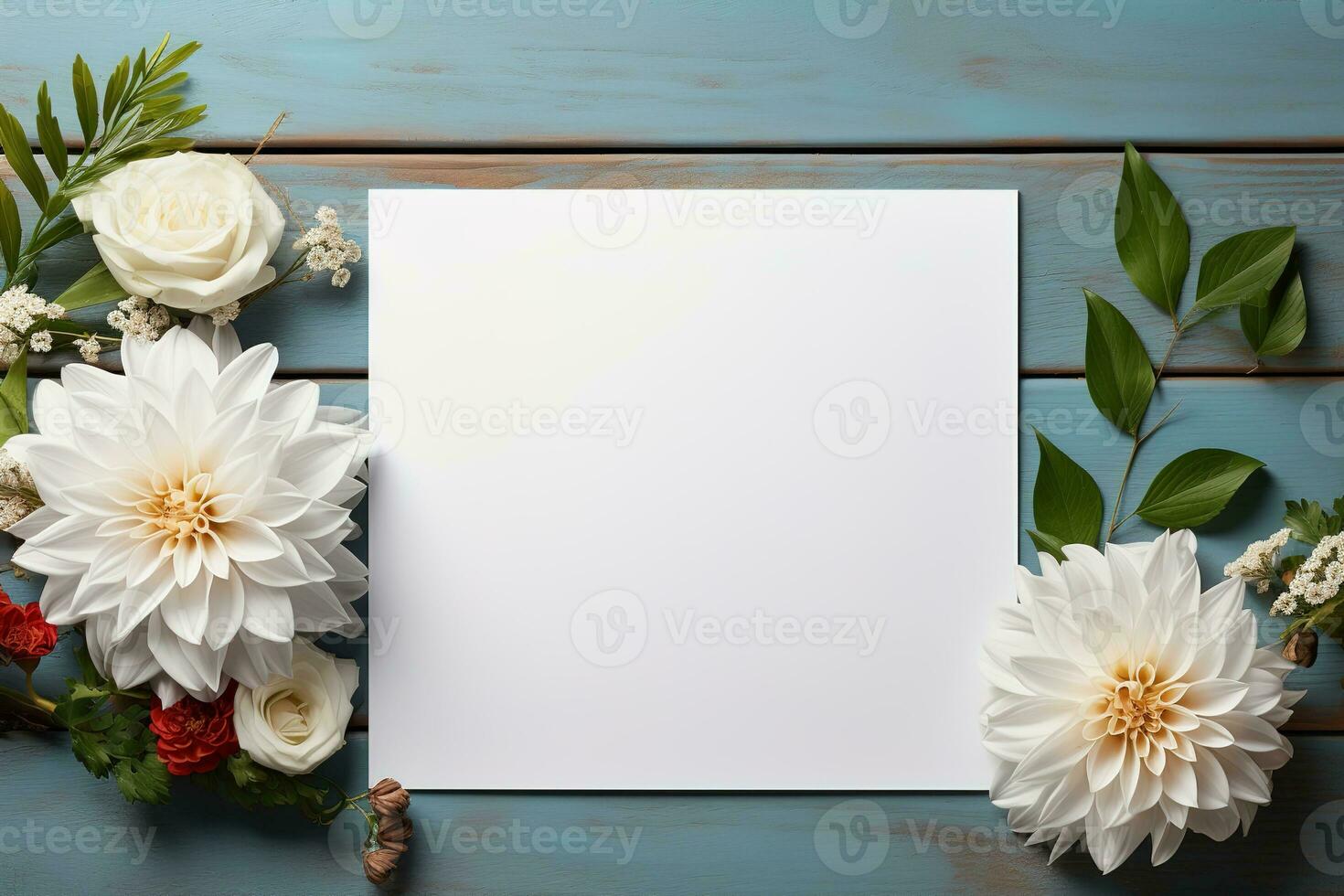 mockup square white blank card sheet of paper with white dahlia flowers and leaves on blue wooden background photo