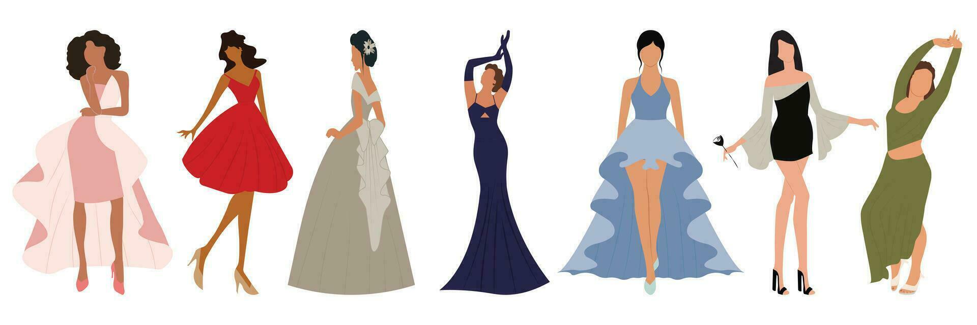 conjunto de hermosa mujer en Moda vestir para fiesta, evento. bonito muchachas vistiendo elegante ropa. vector realista ilustración.