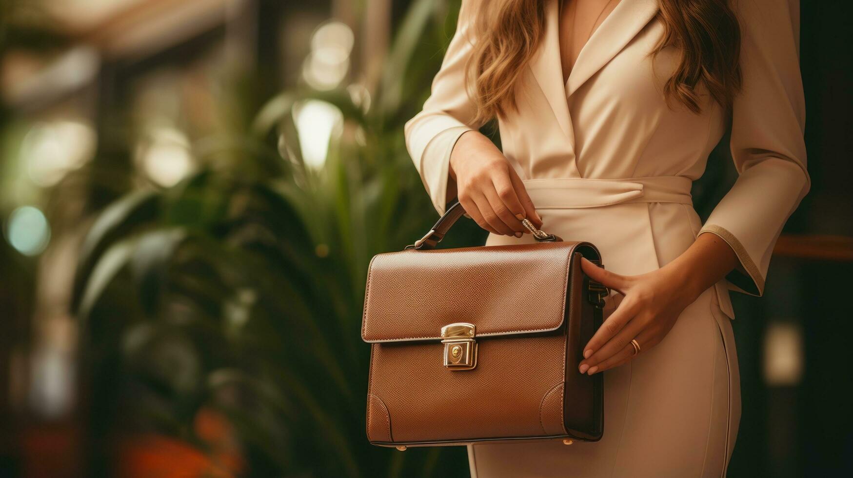 Woman holding briefcase and standing confidently photo