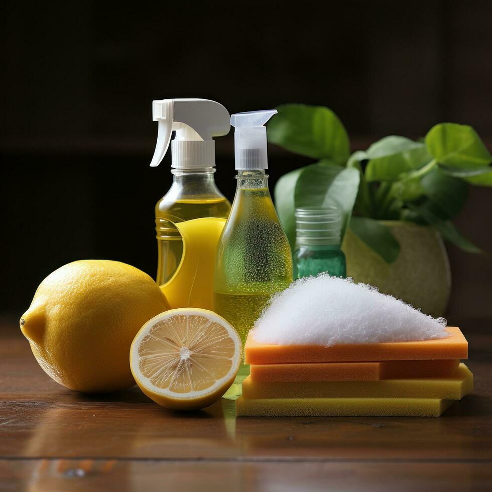 Spray bottle and sponge cleaning supplies photo