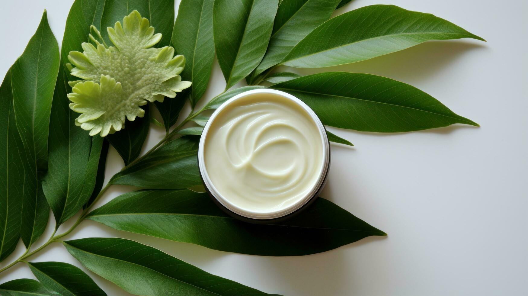 Green leaves with natural skin care products - Eco-friendly beauty photo