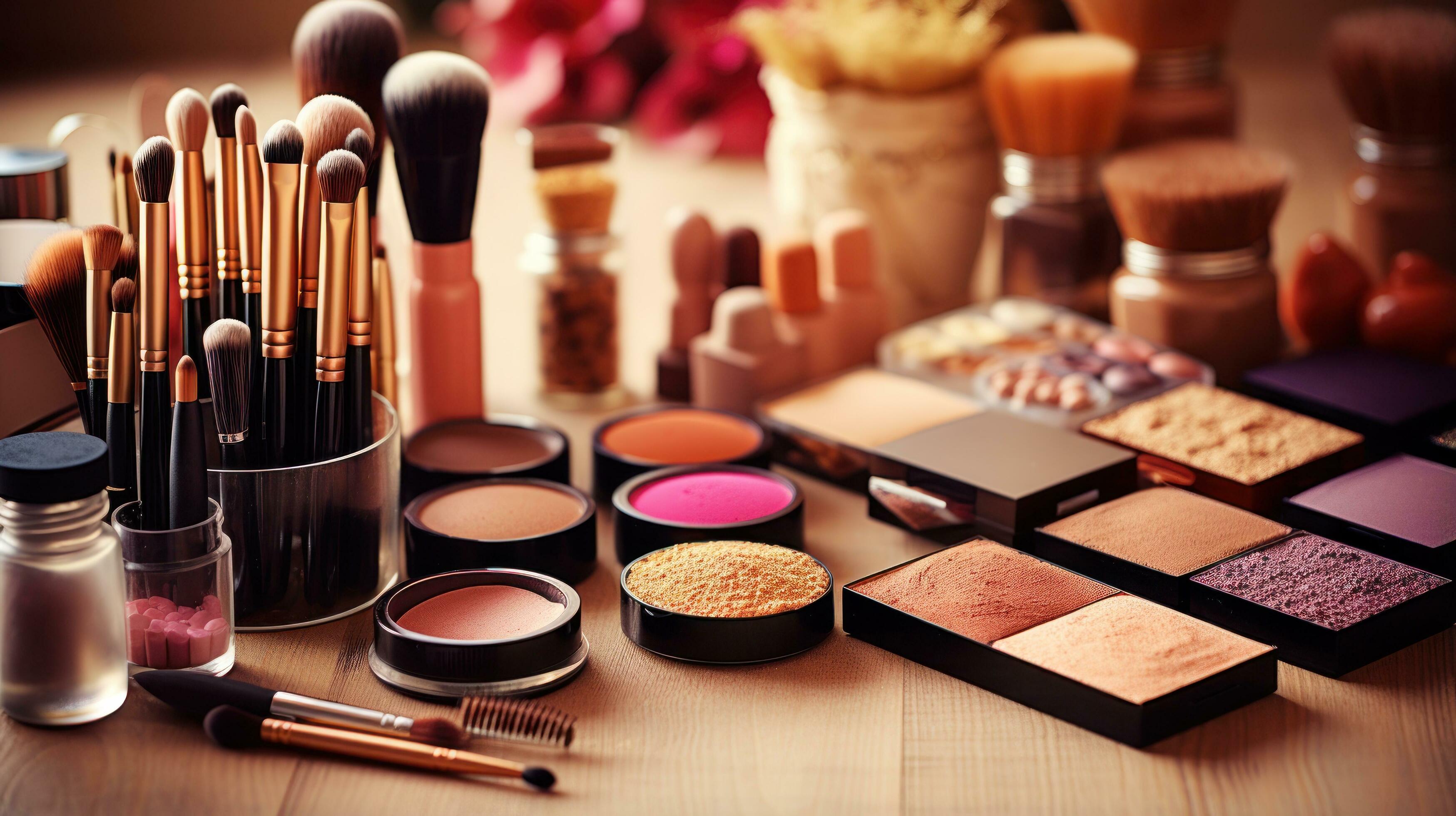 Collection of makeup products and brushes - Glamorous beauty essentials  29783763 Stock Photo at Vecteezy