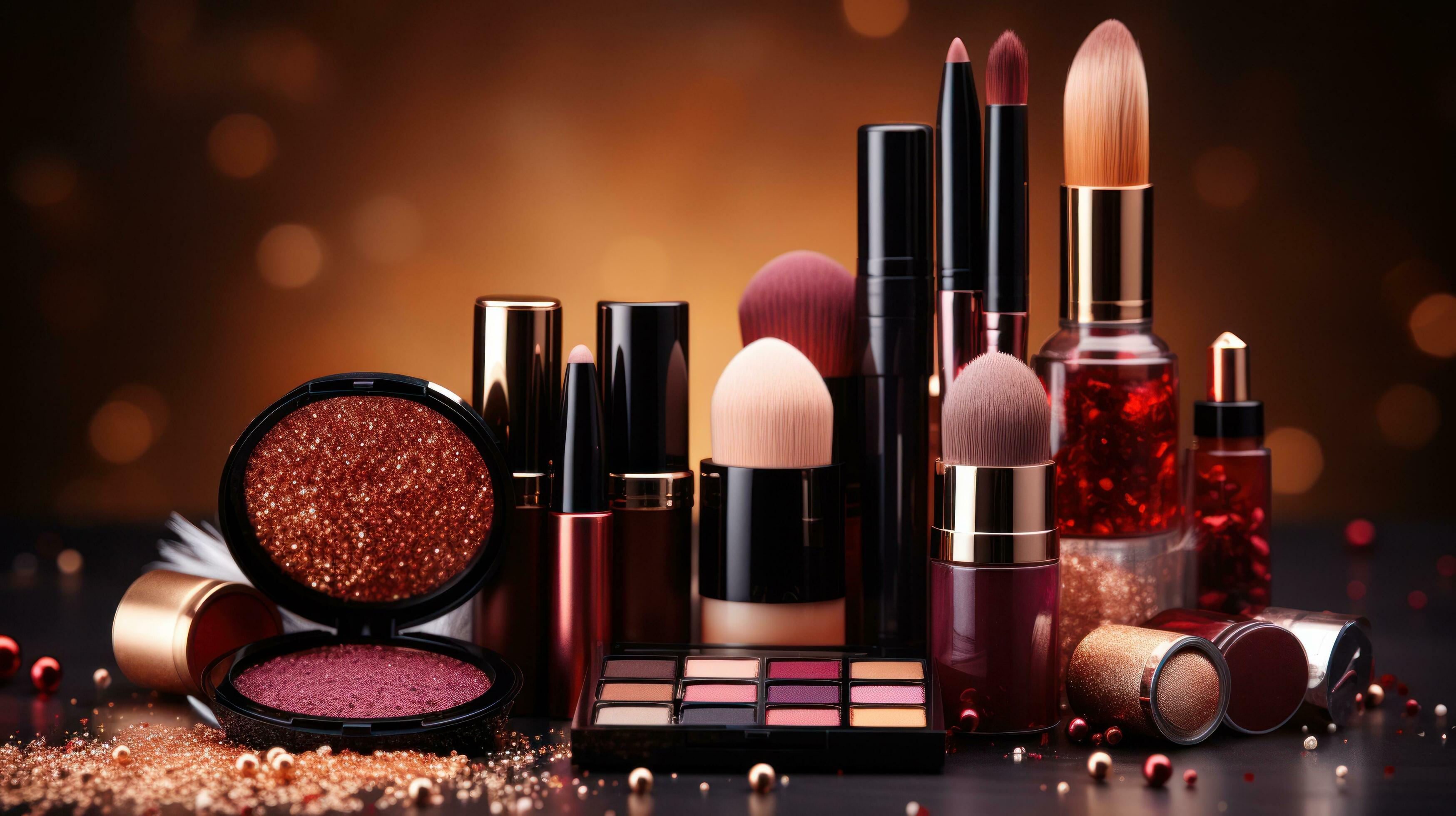 Collection of makeup products and brushes - Glamorous beauty