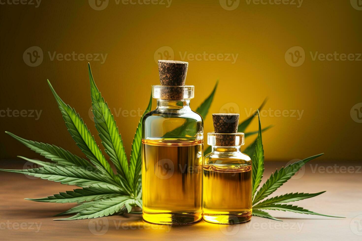 Two glass bottles with a cannabis oil among green marijuana leaves photo