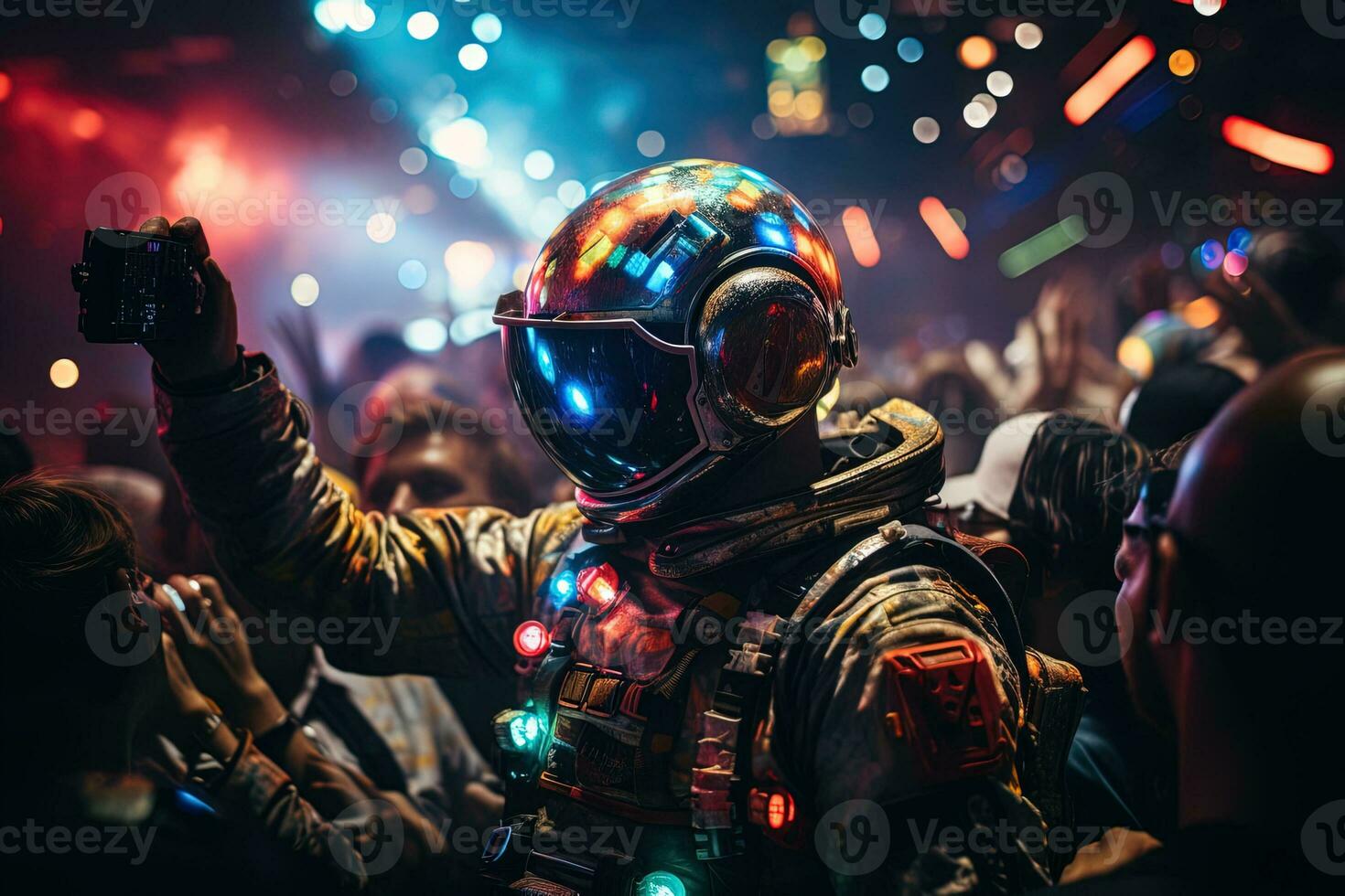 Astronaut in a space suit with garland and helmet at a rave club with a glass of cocktail among a dancing crowd photo