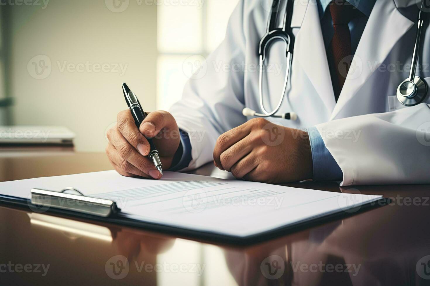 View on hands of a doctor who writes something with pen down on a tablet photo