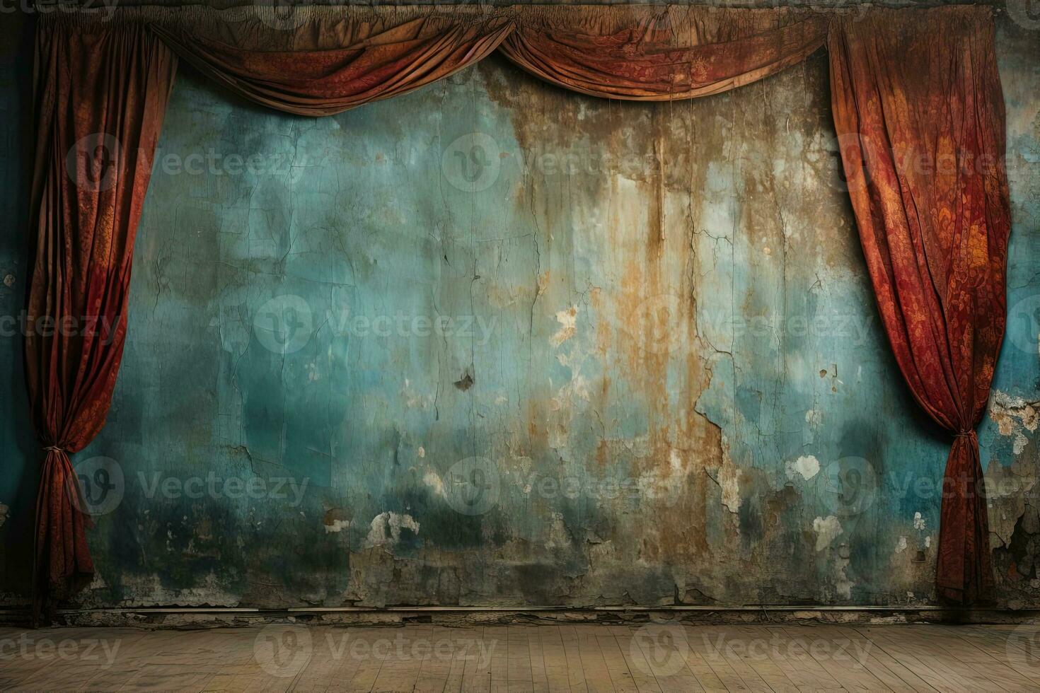 Old red dirty faded theater curtain against the background of a weathered blue wall with cracks on it. Long time Abandoned scene photo