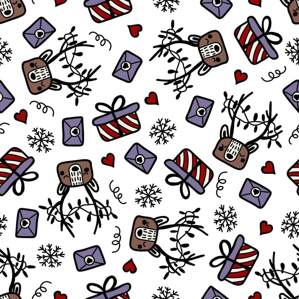 Christmas seamless pattern with deer face, gift box, envelope, snowflake and heart. In doodle style, on a white background. vector