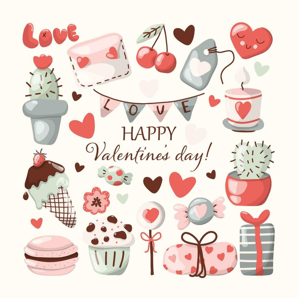 Valentine's day elements hand drawn style vector set. Perfect for stickers and greeting cards.