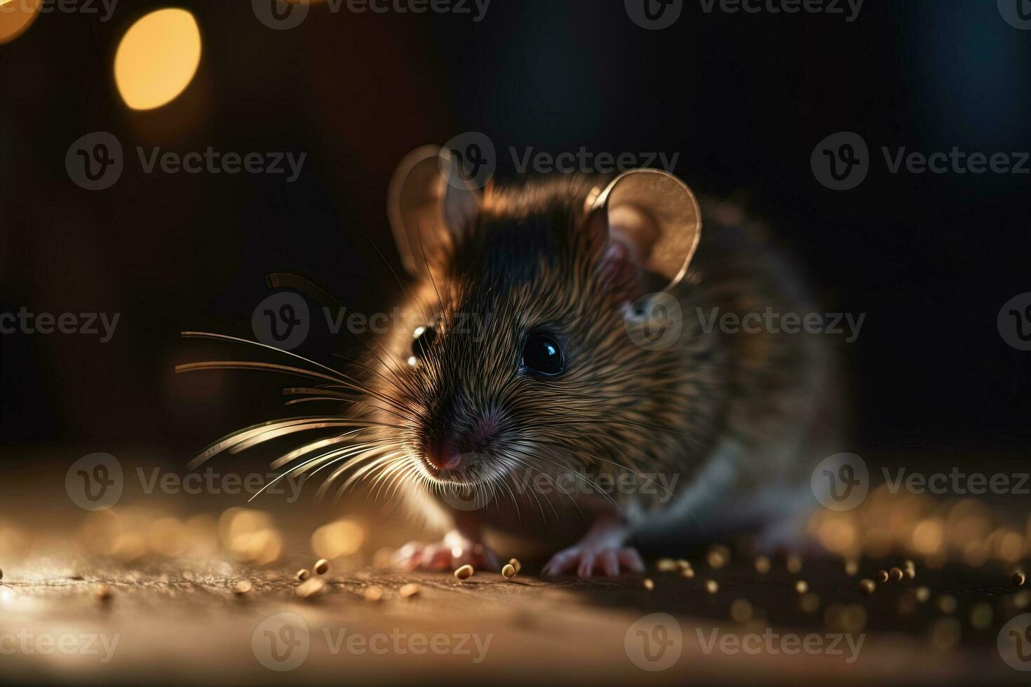 closeup of a gray little mouse on the floor blurred bokeh background and soft focus photo