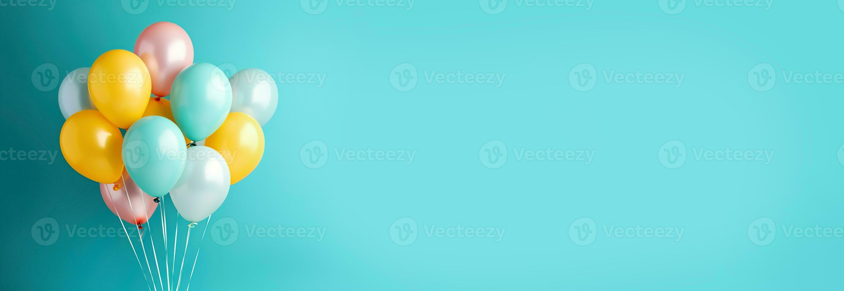 banner with bunch of colorful balloons on a blue background with copy space, generative ai photo