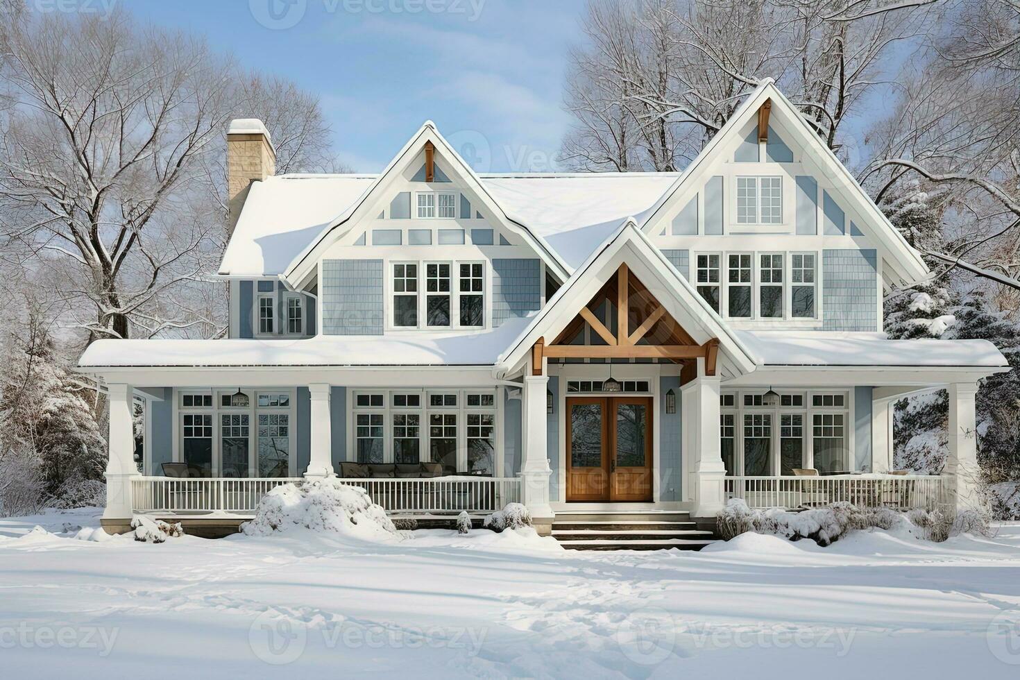 bonito acogedor familia azul país casa cubierto con nieve. real inmuebles concepto foto