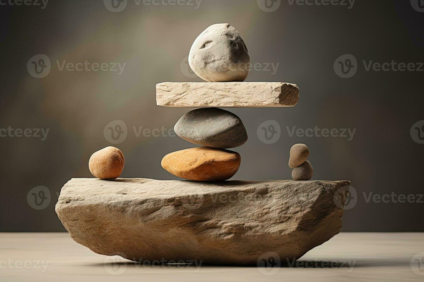 Balancing zen stone pyramid on the table indoors, balance concept photo