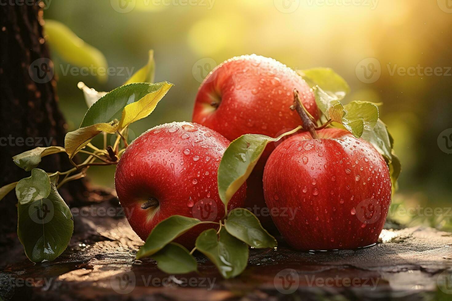 Red ripe tasty apples lying under a tree and covered with water drops among the leaves under the tree photo