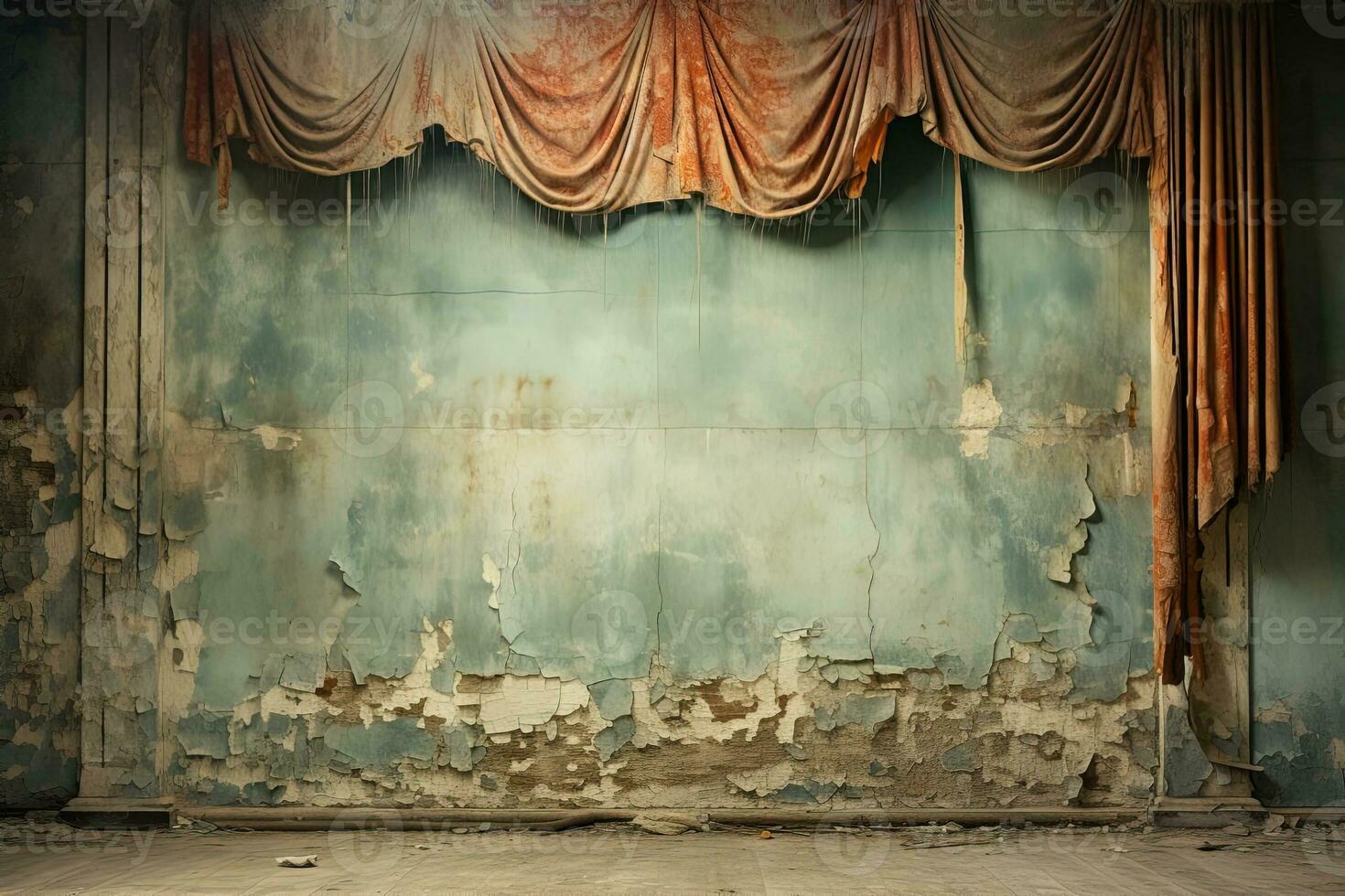 a dirty torn red theater curtain against the background of a wall with crumbling plaster. long abandoned theater stage photo