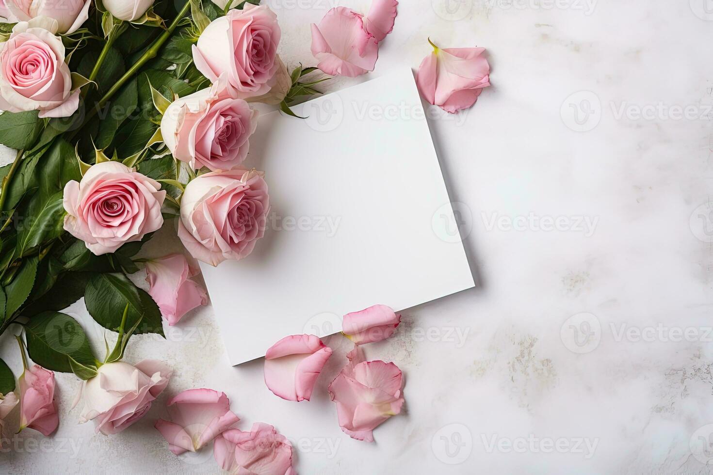 mockup white blank paper sheet with pink roses flowers top view, floral template empty card flat lay for design with copy space photo