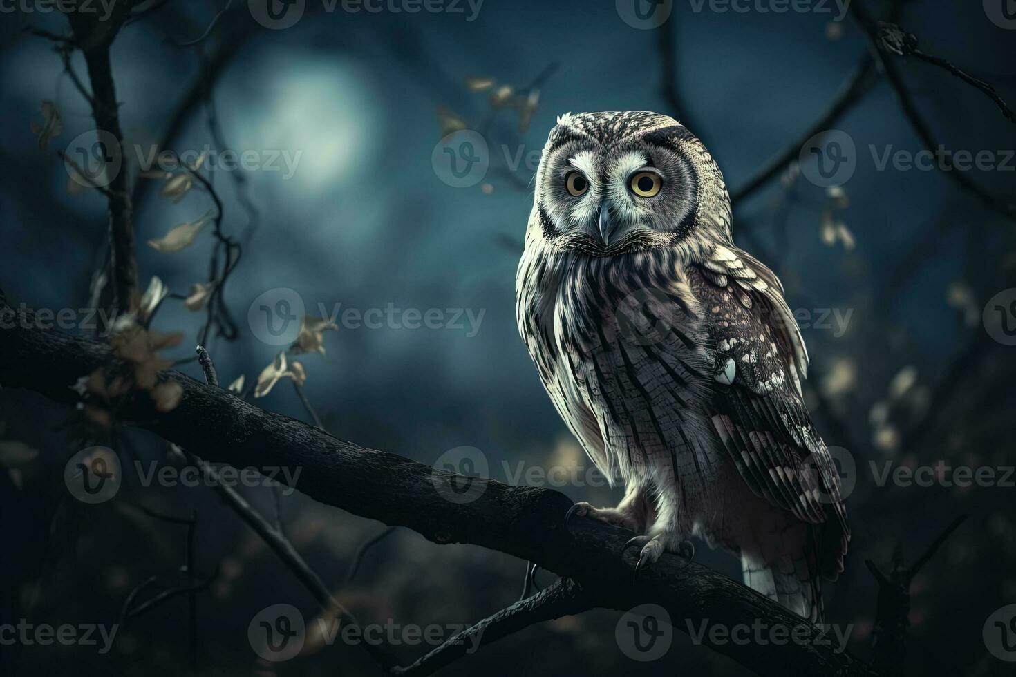 owl sits on a tree branch at night photo