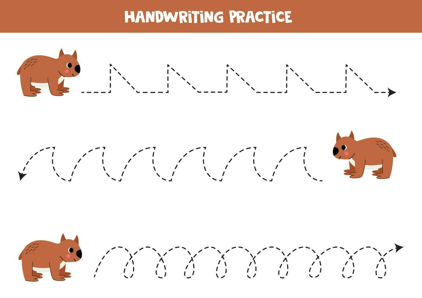 Tracing lines for kids. Cute brown wombat. Handwriting practice. vector