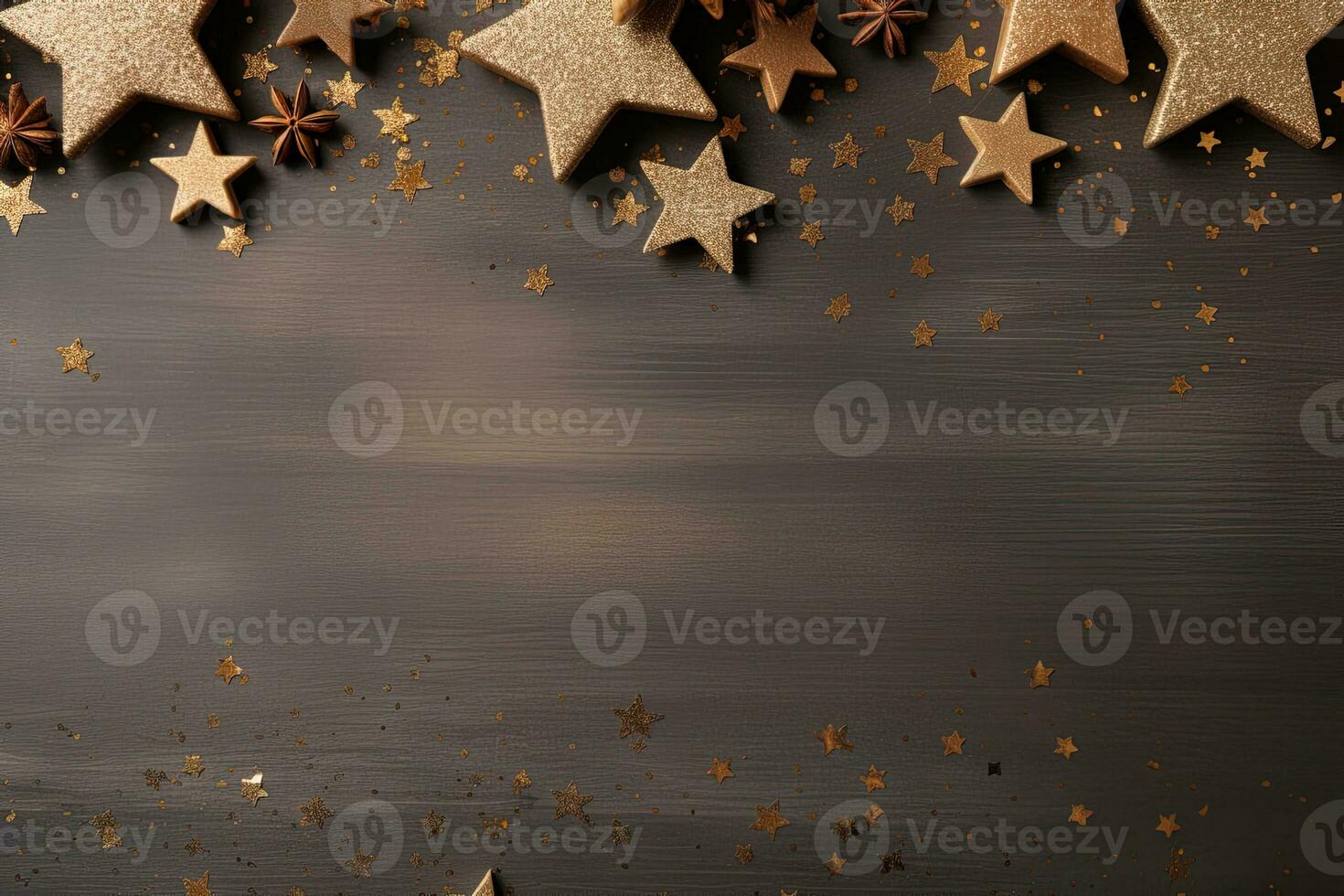 christmas flat lay picture frame with copy space light background with shiny golden stars photo