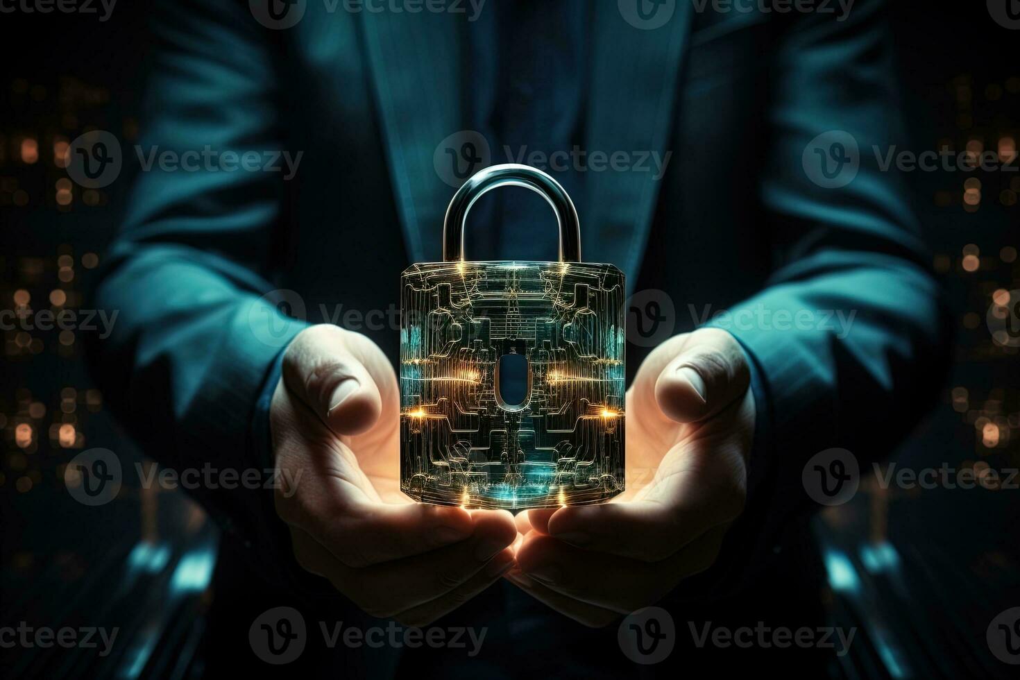 A man holds in his hands a transparent lock with circuits inside. Digital data protection or blockchain concept photo