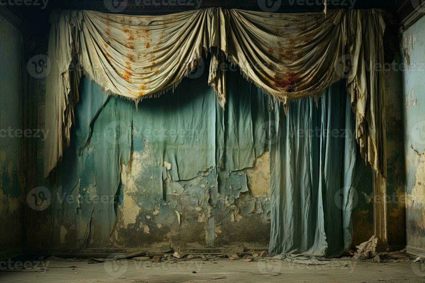 un Rasgado sucio blanco teatro cortina con oxidado manchas en contra el antecedentes de un pared con desmoronándose yeso. abandonado etapa foto