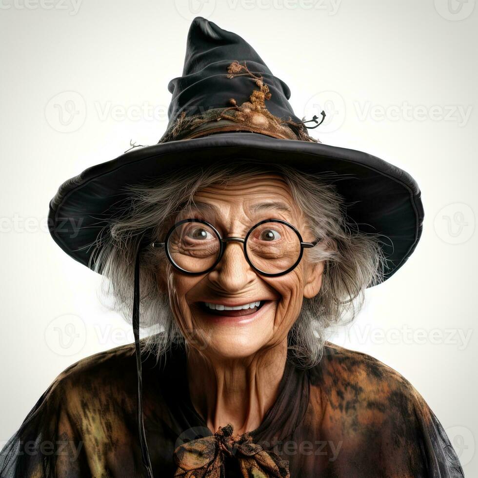 Elderly gray-haired woman in glasses, tie dye witch hat and outfit laughing on white background photo