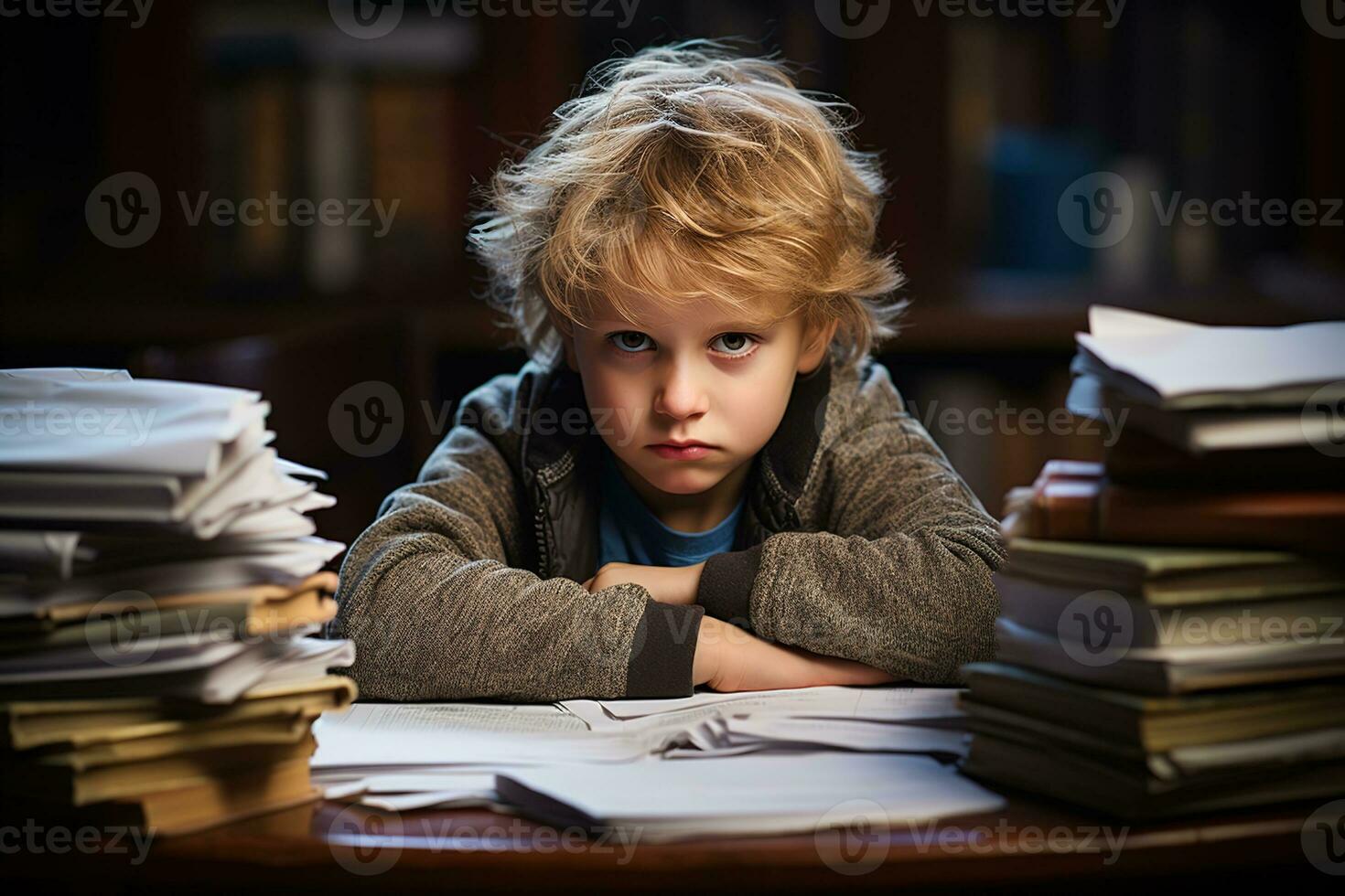 a disgruntled little blond boy sits resentfully at a table with many of textbooks and notebooks photo