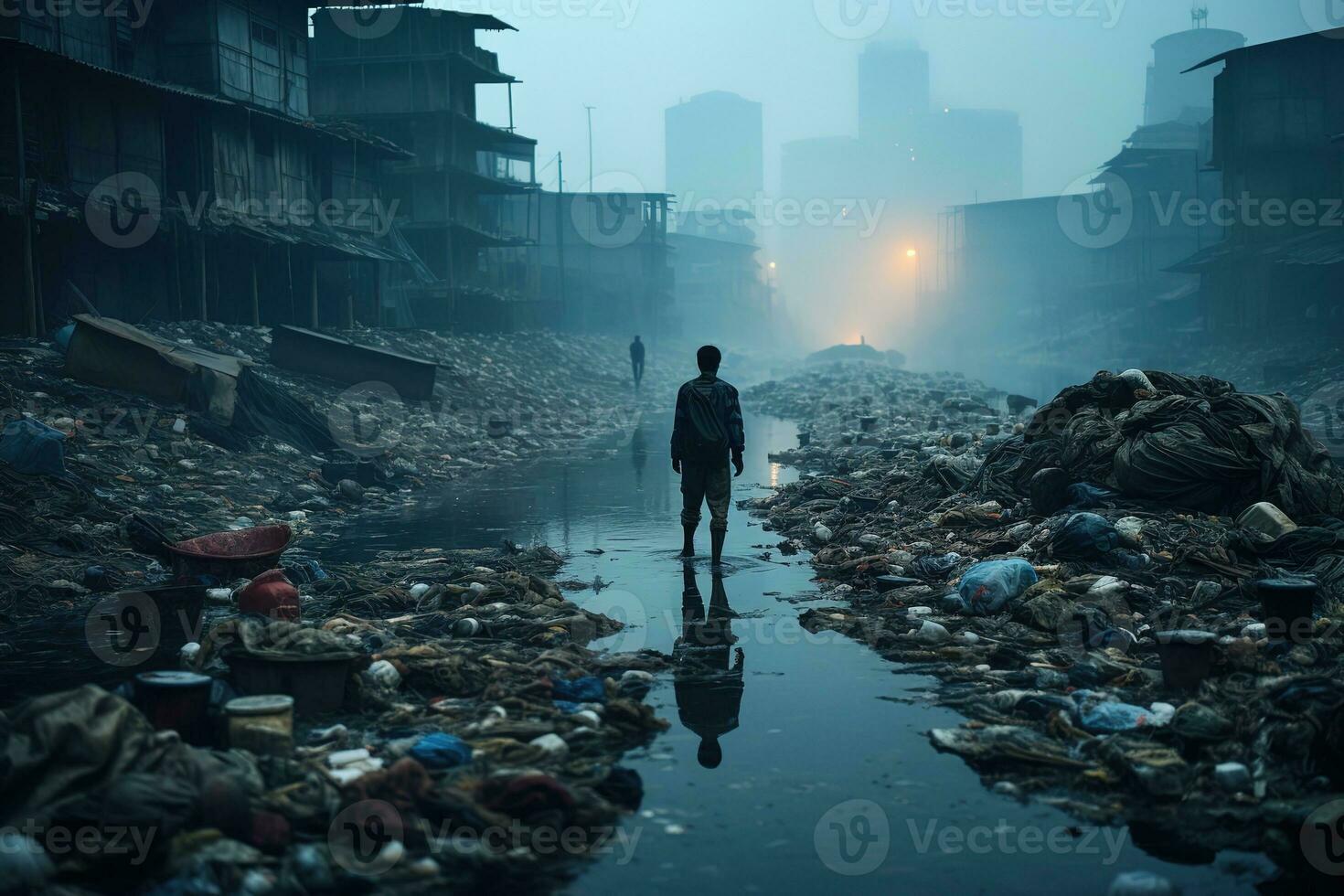 A man stands in a puddle among a pile of garbage on the outskirts of the city. Nature pollution, urban garbage, ecology concept photo