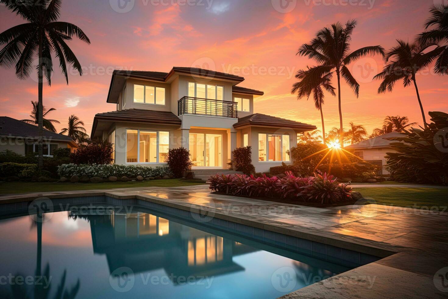 Big country house with pool and palm trees around on a sunset background. Real estate concept photo