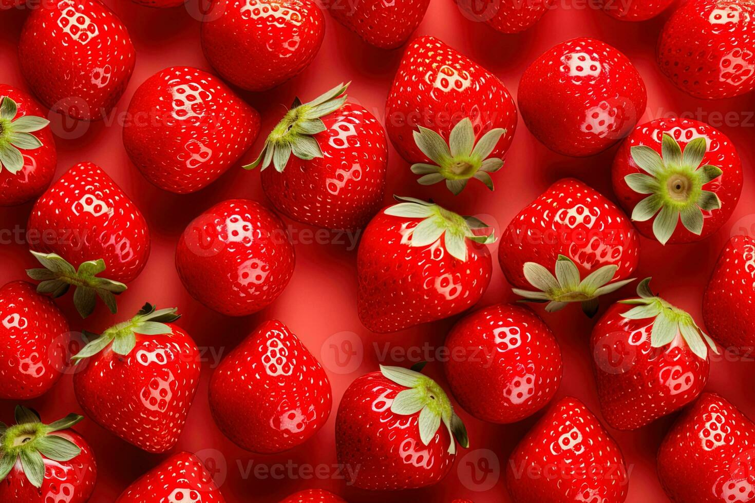 ripe delicious strawberries pattern on a red background top view, creative fruit composition photo