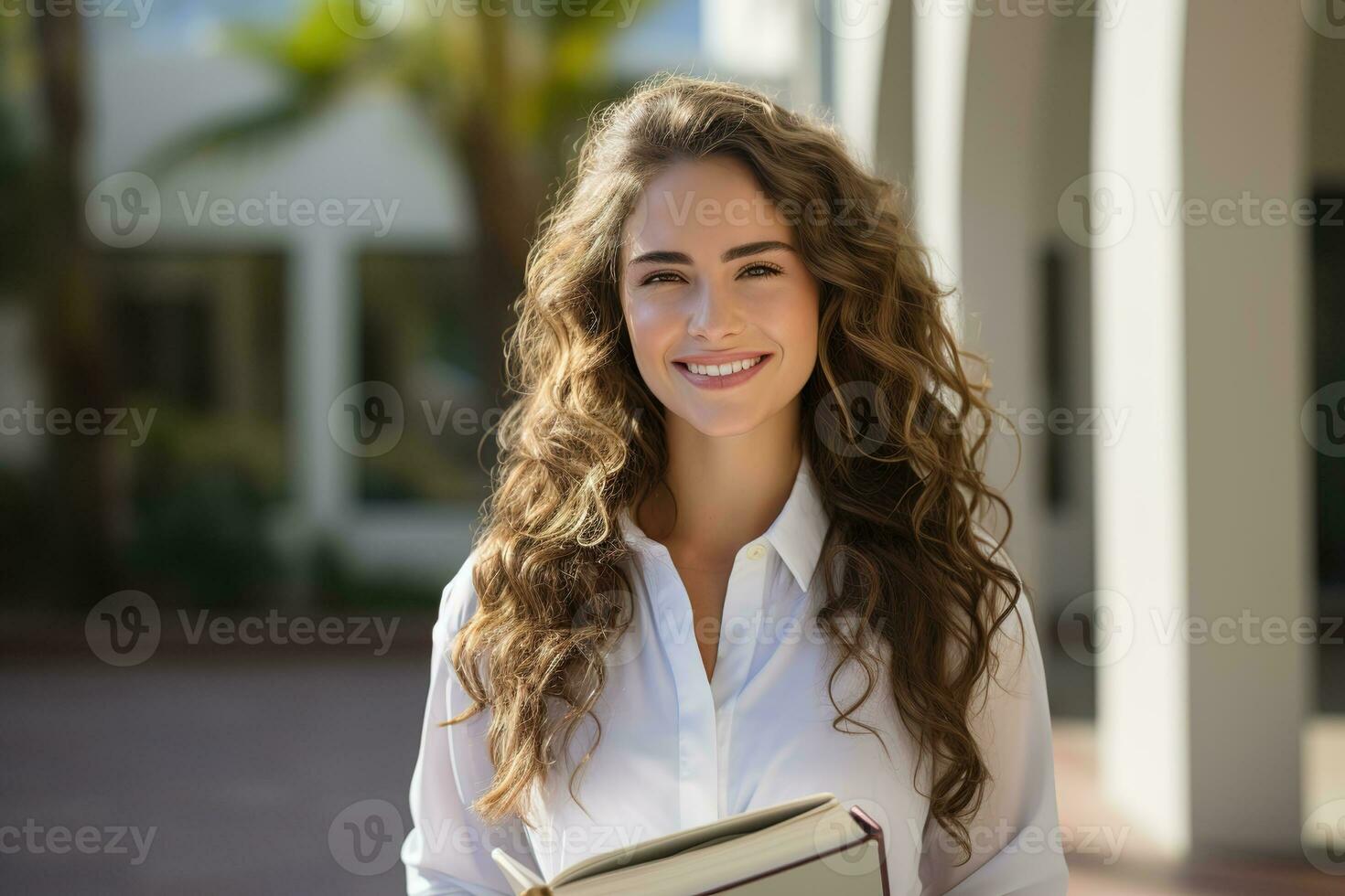 Young attractive curly haired female student smiling with a books in her hands standing in a college yard, generative ai photo