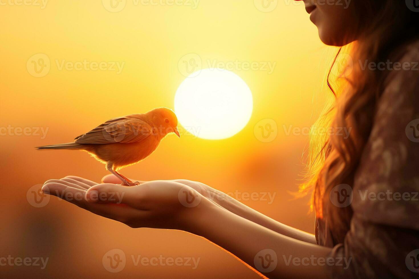 A sparrow sits on a woman's hands against the backdrop of the setting or rising sun photo