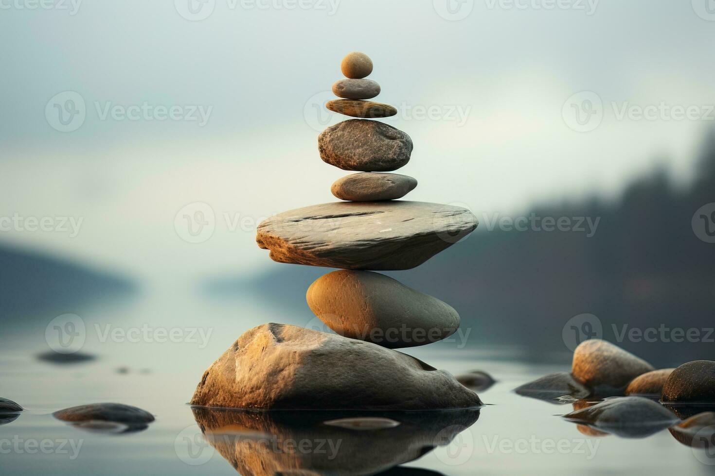 equilibrio zen Roca pirámide en el apuntalar de un bosque lago foto