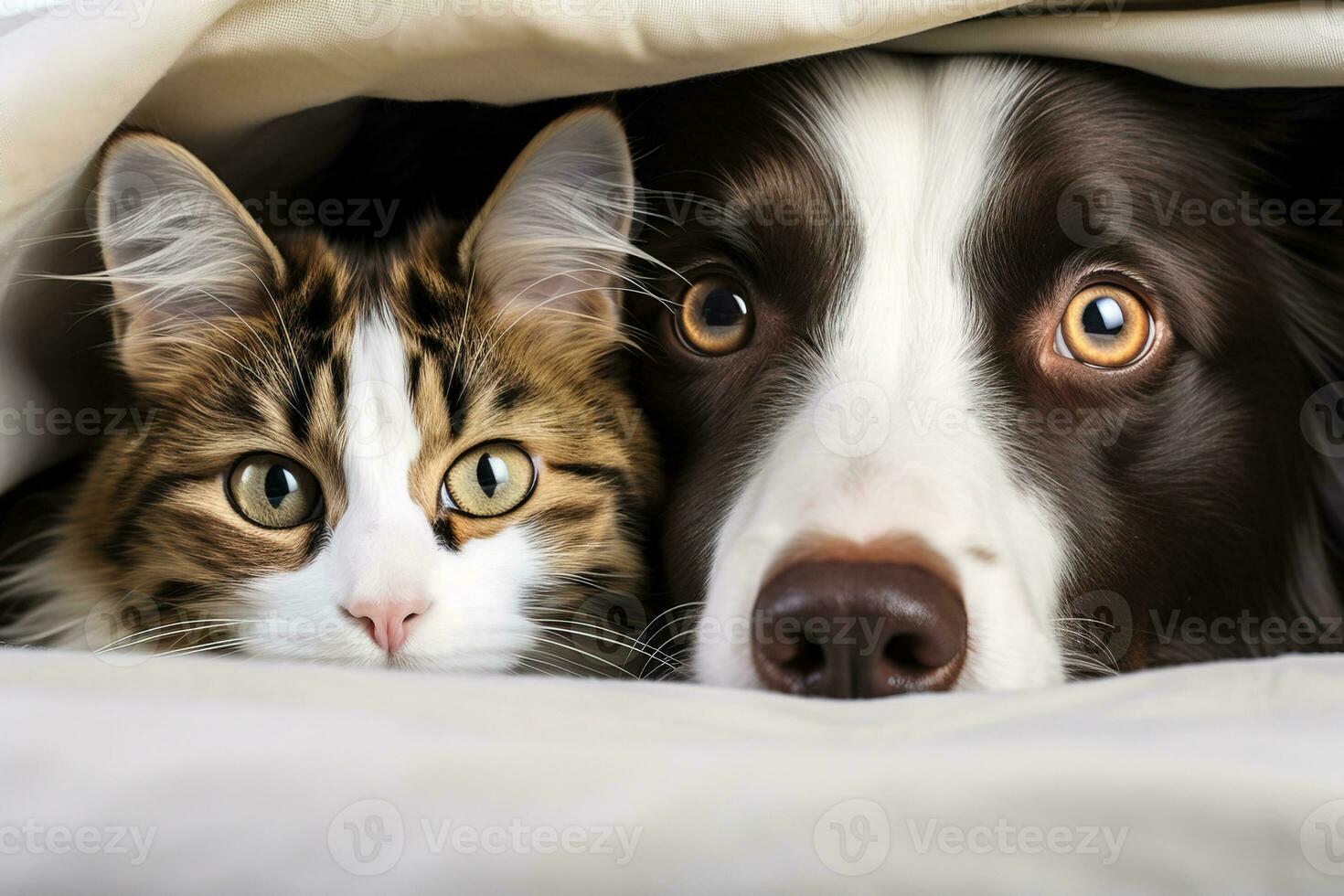 closeup portrait of a cat and a dog lying on a bed under a blanket photo