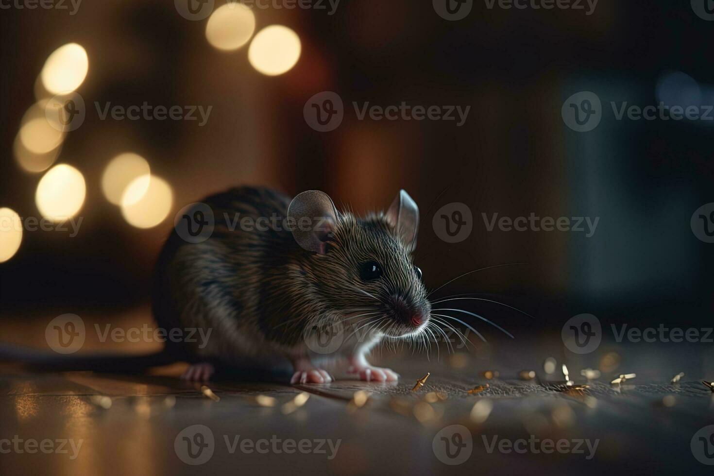 Tiny mouse on a wooden floor close up with soft focus and bokeh background photo