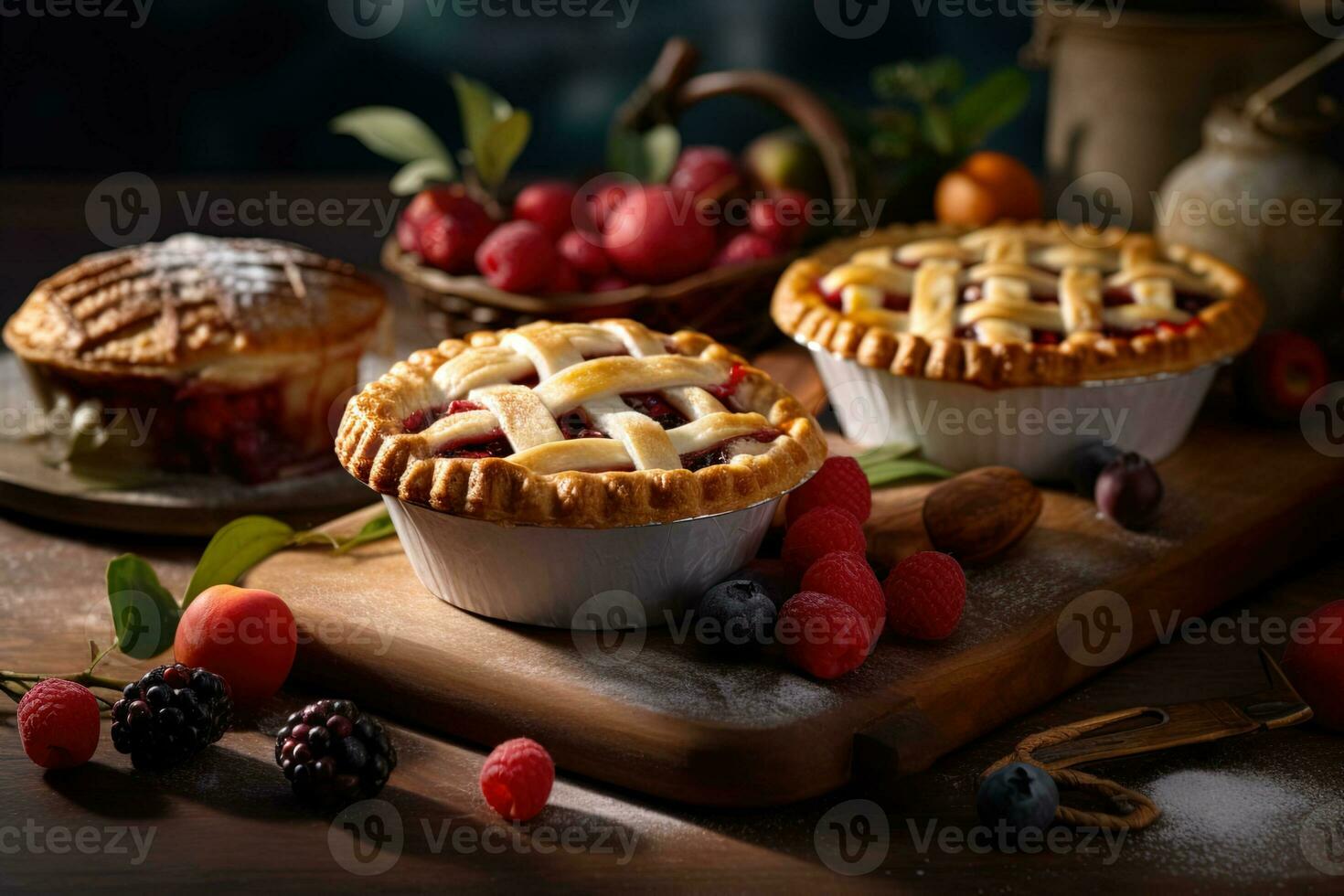 Fresh little baked cherry pies and apple pie among several delicious wild berries on a cutting board photo