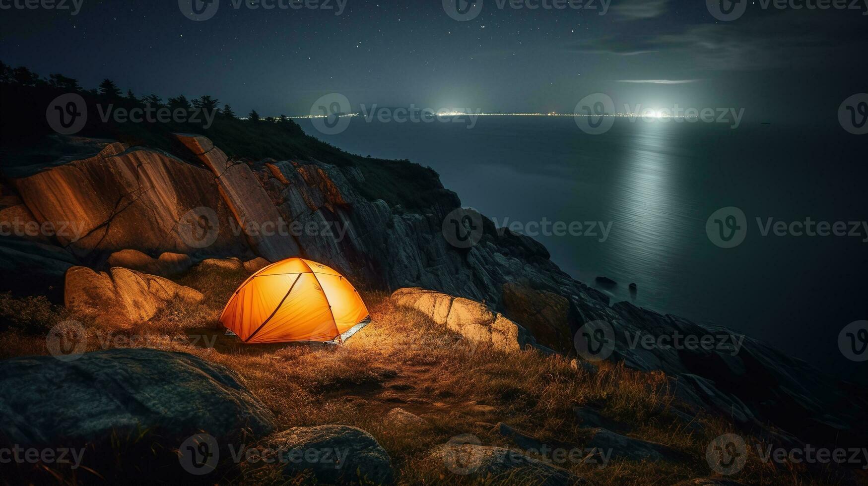 camping at night by the sea, glowing orange tent on the rocky shore, generative ai photo